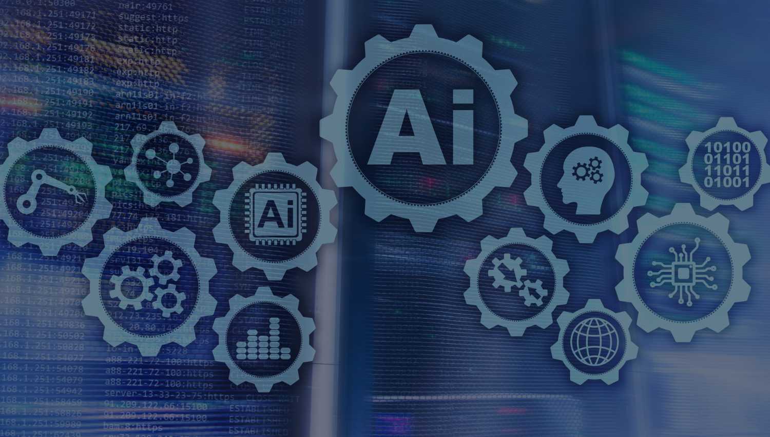 Abstract illustration of AI gears and circuits representing generative AI's role in modern search algorithms