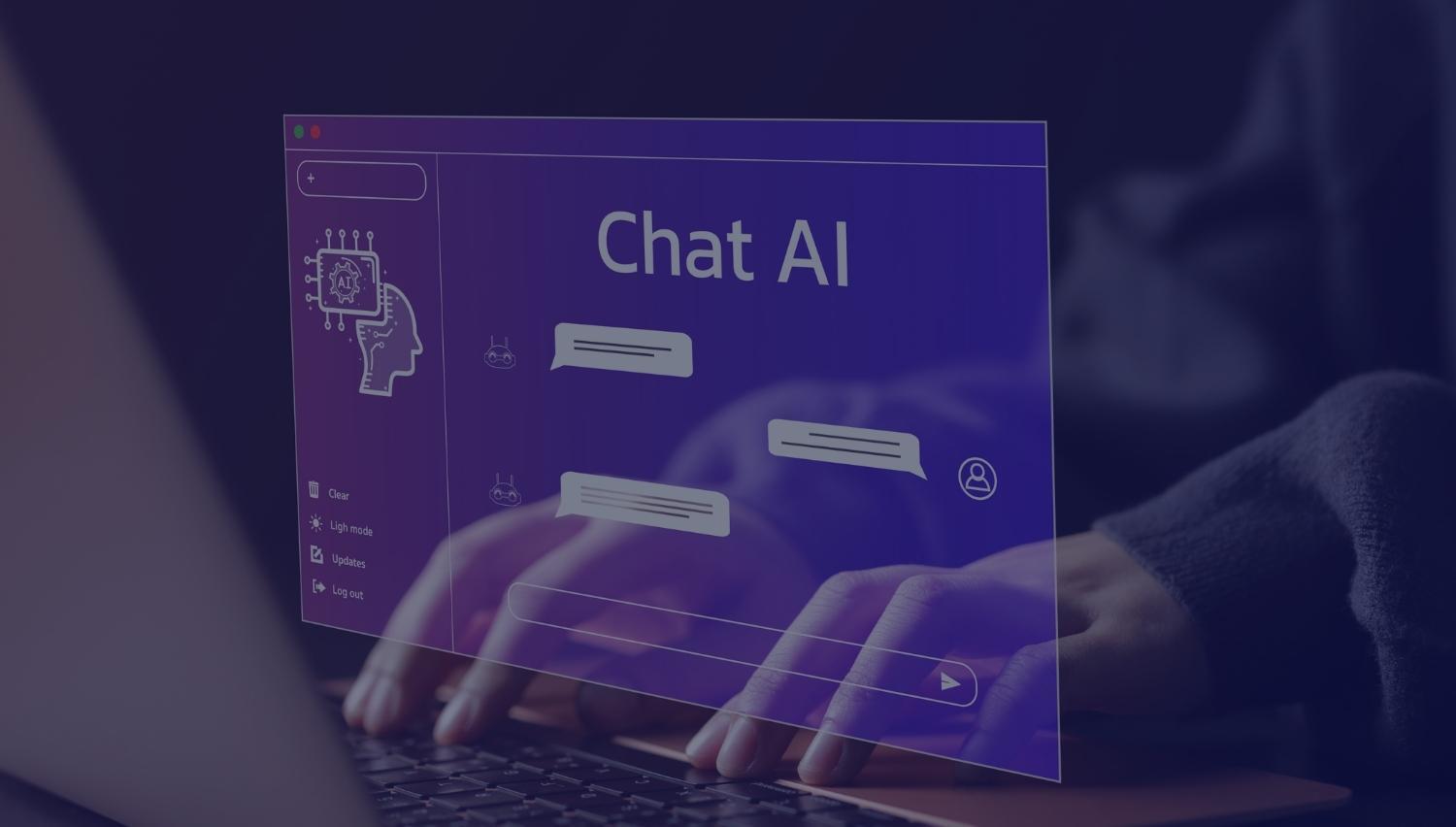 Hands typing on a laptop with a floating Chat AI interface symbolizing search visibility in AI-powered environments.