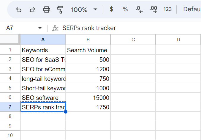 a spreadsheet containing keywords with their search volumes
