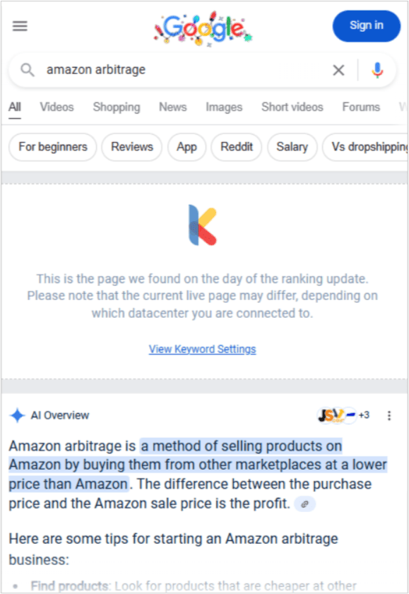 screenshot of google's ai overview explaining amazon arbitrage as a method of buying from other marketplaces and reselling on amazon.