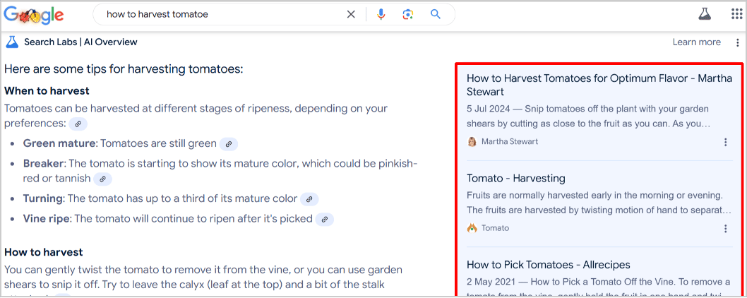 google ai overview search result offering tips for harvesting tomatoes, with citations to martha stewart and other sources.