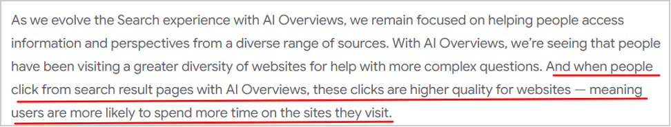 google statement emphasizing that clicks from ai overview search results lead to users spending more time on visited websites.