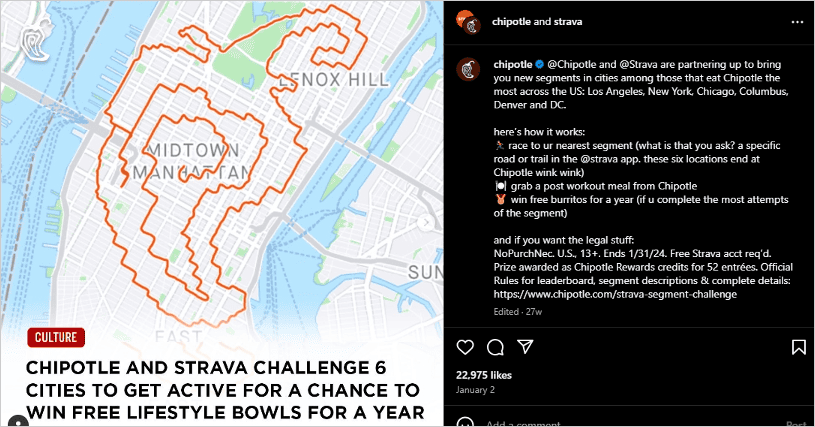 exemple de chipotle s’engageant auprès des communautés locales sur les réseaux sociaux par le biais d’un défi en partenariat avec strava, ciblant des villes comme new york et los angeles.