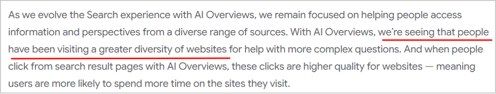 google’s statement on how ai overviews are leading to more diverse website visits and higher-quality clicks from search results.
