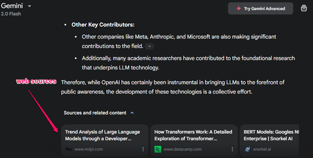 google gemini's ai result including cited sources for llm-related information