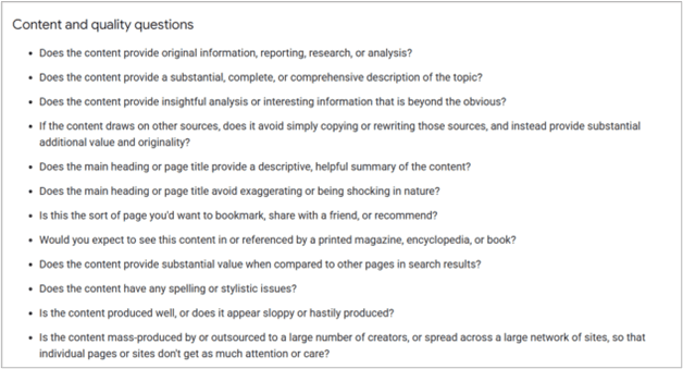 screenshot of google's content and quality checklist used to assess helpfulness and originality.