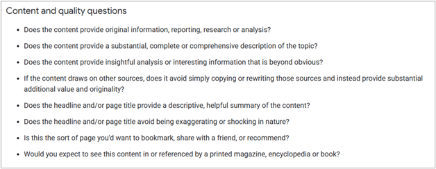 list of google’s content and quality assessment questions related to originality, depth, and helpfulness