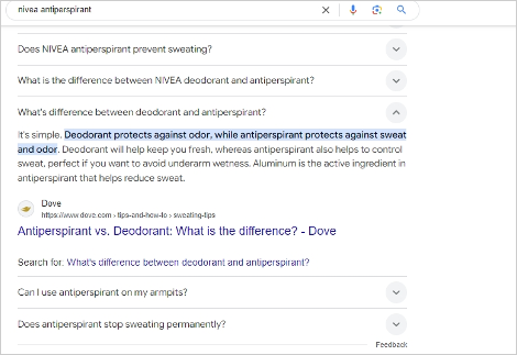 featured snippet explaining the difference between deodorant and antiperspirant, highlighting nivea’s product.
