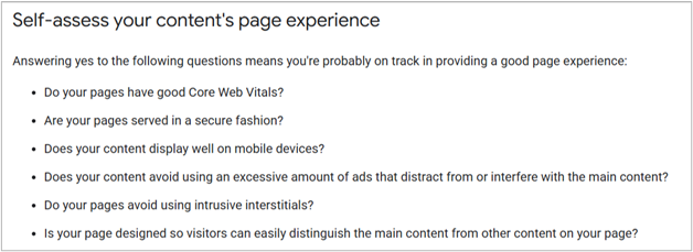 screenshot of google's checklist for evaluating a website’s page experience factors like core web vitals and ad interference.