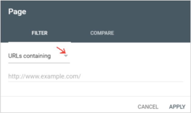google search console screenshot showing filter settings for urls containing specific strings.