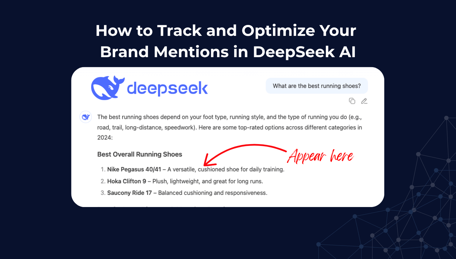 Capture d’écran de DeepSeek AI répertoriant les meilleures chaussures de course avec une zone en surbrillance montrant où les mentions de la marque apparaissent