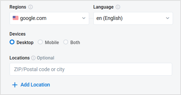 screenshot of the settings panel in keyword.com for selecting region, language, and device type