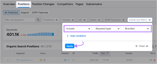 filtering organic search positions by branded keywords in an seo tool with the "apply" button highlighted.
