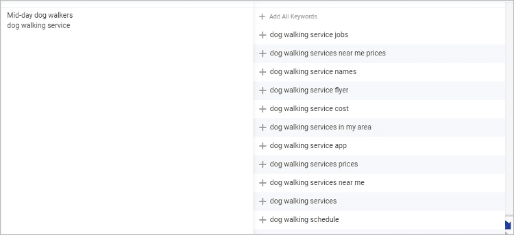 screenshot displaying a list of keyword suggestions for 'dog walking service' from a keyword research tool, showcasing options like cost, prices, and app.
