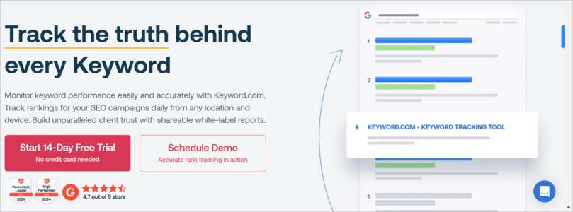 screenshot of keyword.com’s homepage showcasing keyword performance tracking with a 14-day free trial and white-label reporting features.