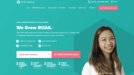 screenshot of primal agency’s homepage highlighting seo, paid media, and digital marketing services to drive revenue growth.
