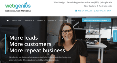 screenshot of webgenius’ homepage featuring seo, web design, and digital marketing services for new zealand and australian businesses.
