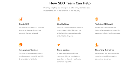 infographic detailing seo strategies, including onsite seo, link building, technical audits, guest posting, and analytics for performance tracking.